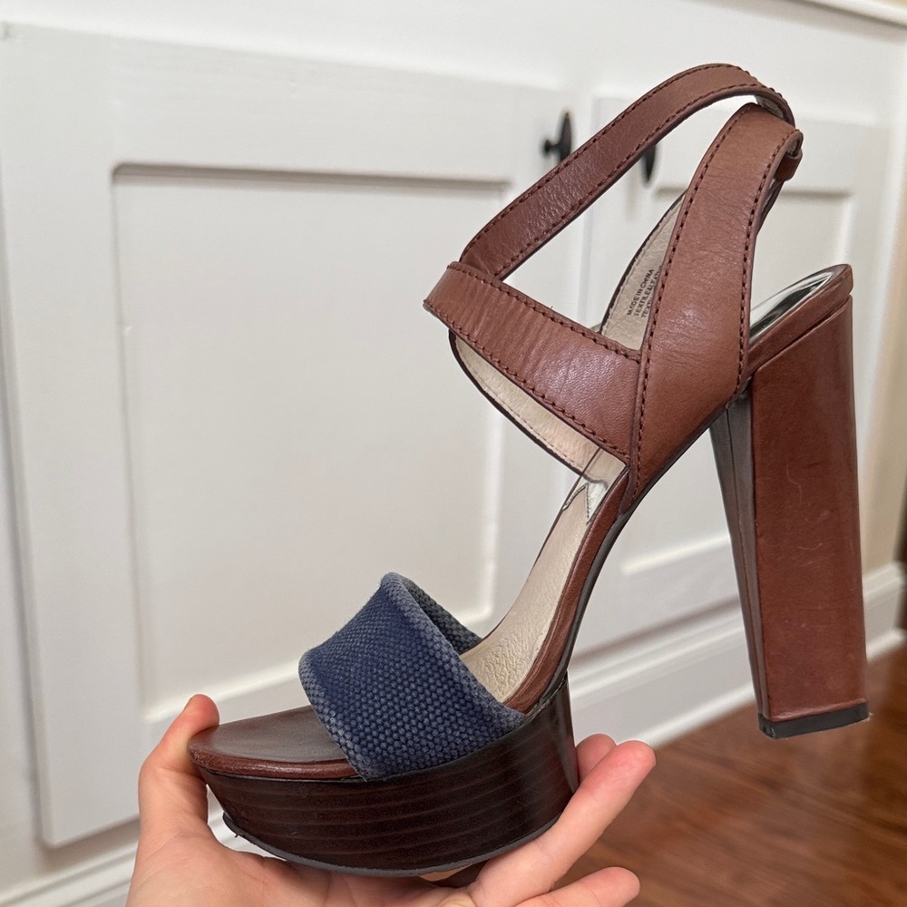 Michael Kors Brown Leather Platform Heels Denim Strap Size 7.5 | Y2K Block Heel - Picture 6 of 11